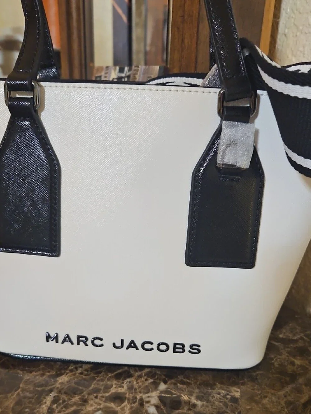 New Marc Jacobs White Tote with Black Trim and Logo Strap